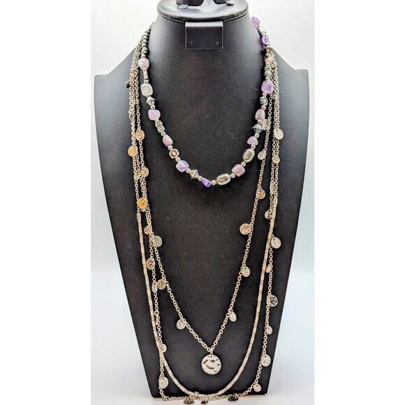 Layers of Amethyst & Silver Tone Beads & Multi Chain Dangle Necklaces - Picture 1 of 8